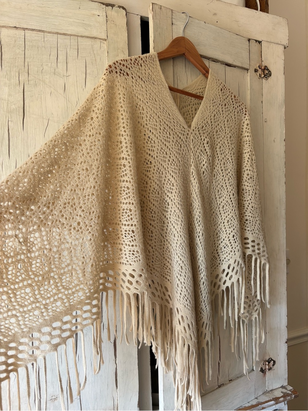 Boho Cream Crochet Fringe V-Neck Women's Sweater Poncho